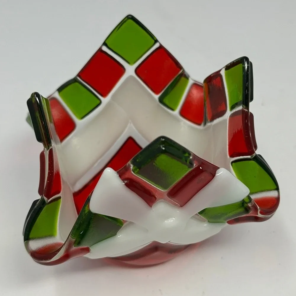 Art Glass Votive Candle Holder Red Green White Checkered Handkerchief Bowl A2